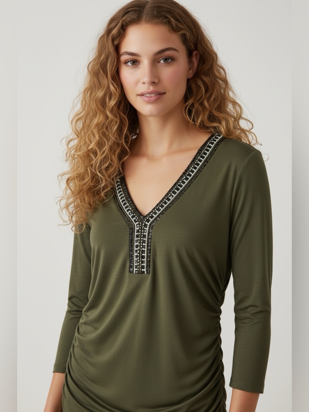 AB Studio Olive Green V-Neck Long Sleeve Top with Beaded Trim